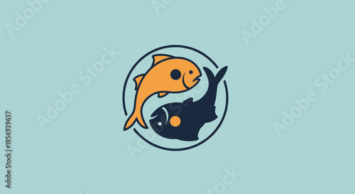 Circular logo design featuring two fish swimming in opposite directions resembling the yin yang symbol or zodiac.