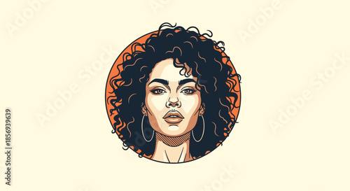 Stylized portrait of a beautiful woman with voluminous curly dark hair and hoop earrings set within an orange circle.