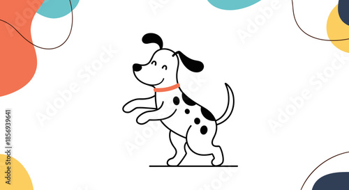 Cute black and white spotted dog jumping happily in front of a background with colorful abstract organic shapes.