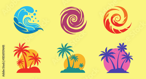 Set of tropical design elements including stylized waves, sun swirls, and tropical islands with palm trees at sunset.