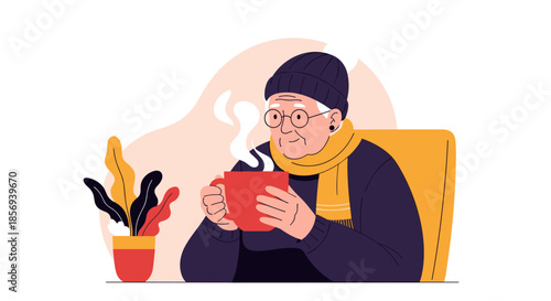 Kind elderly woman wearing a warm hat and scarf enjoying a hot steaming beverage from a red mug at a wooden table.