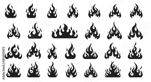 Large set of black fire flame silhouettes in various shapes and sizes for graphic design, logos, and warning signs.