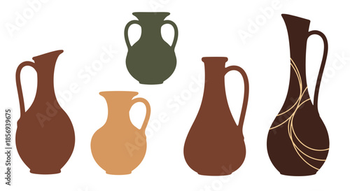 Collection of classic clay pottery vases and jugs in various earthy tones and shapes for home decor and crafts.