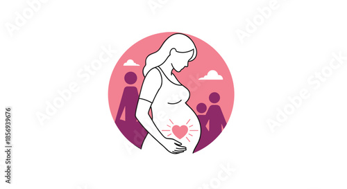 Silhouette of a pregnant woman with a glowing heart on her belly against a background of her husband and children.