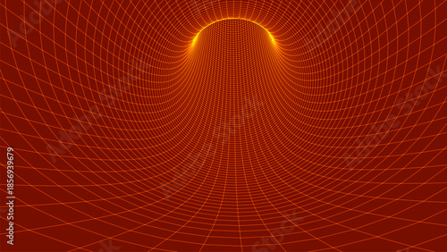 An abstract visualization of a funnel or tunnel, created from a multitude of bright, smooth lines, creating a deep perspective and the effect of virtual space against a dark background. Linear vector