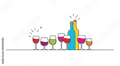 Minimalist illustration of two wine bottles and several wine glasses filled with different colorful types of wine.