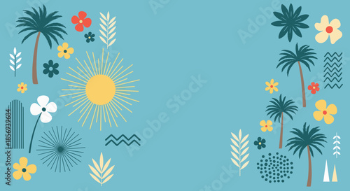 Bright and sunny tropical border design featuring palm trees, a large sun, colorful flowers, and geometric patterns.
