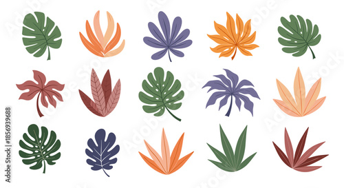 Large set of stylized tropical leaves in various colors like green, orange, purple, and red for summer projects.