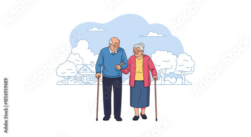 Happy elderly couple walking together with walking sticks in a peaceful suburban park with a house and trees.