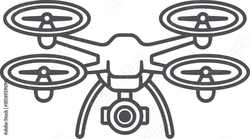 Quadcopter drone line with camera and four propellers in monochrome