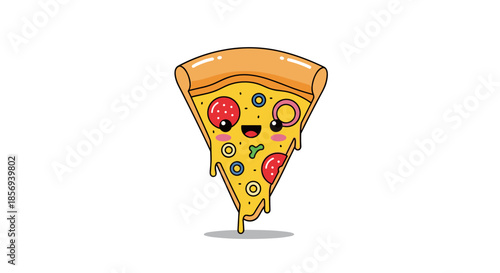 Cute cartoon pizza slice with kawaii happy face and various toppings like pepperoni and olives drips melted cheese on a white background.