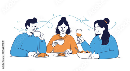 Group of young diverse friends enjoys a meal together with coffee, croissants, and wine in a friendly social gathering at a cafe or restaurant.