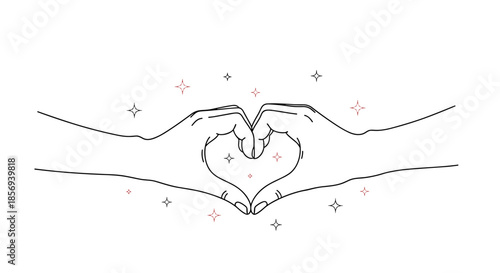Minimalist line art illustration of two hands coming together to form a heart shape surrounded by sparkling stars representing love and care.