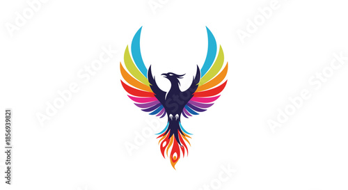 Vibrant multicolored phoenix bird logo with spreading wings and flaming tail symbolizes rebirth, power, and success in a clean vector design.