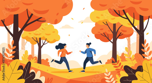 Two happy women jogging and exercising together along a path in a colorful autumn forest with falling orange leaves.
