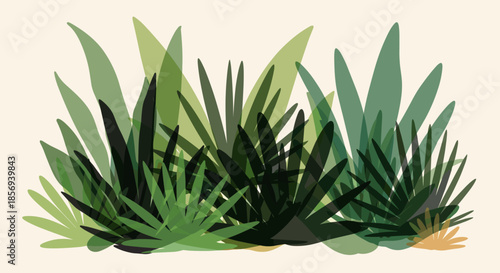 Lush cluster of various green tropical plants and leaves arranged together in a dense and vibrant botanical composition.