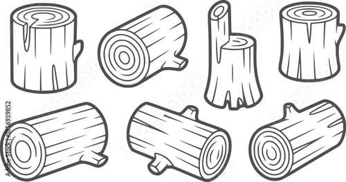 Seven black and white line logs in various positions