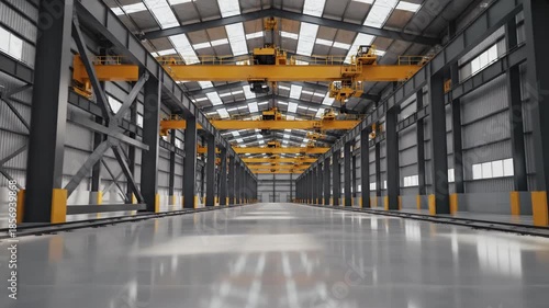 Industrial warehouse interior with overhead cranes