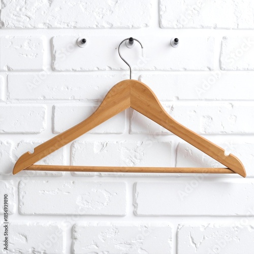 A rustic wooden hanger elegantly displayed against a textured white brick wall, highlighting the contrast between natural wood and urban architecture.