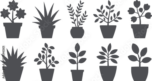 Ten assorted potted houseplants in black silhouette