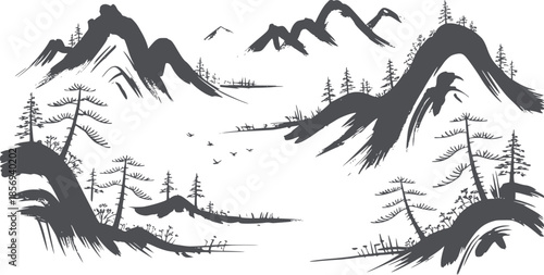 Traditional East Asian ink wash painting landscape with mountains trees and birds