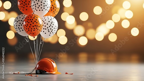 Orange hard hat tied to festive polka dot balloons against a golden bokeh background, celebrating construction safety and industrial success