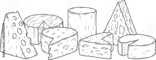 Various types of cheese in clean black and white line