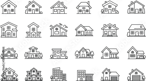 House and building outline icons vector set, residential homes architecture symbols, real estate property elements, minimal line illustration
