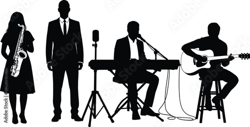 Live music band silhouette illustration, jazz singer guitarist saxophonist pianist performance concert musicians isolated vector