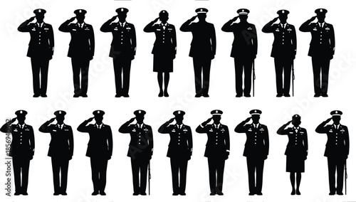 Military officer salute silhouettes vector set, army navy air force uniforms icons, men women soldiers, black isolated illustration flat design