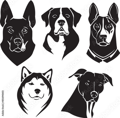 Five Dog Face Silhouette Vector Set