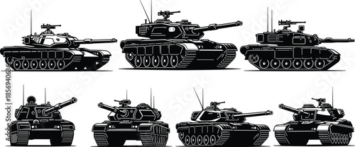 Military tank silhouettes vector set, armored battle vehicles icons, modern warfare machines, black combat equipment shapes isolated illustration
