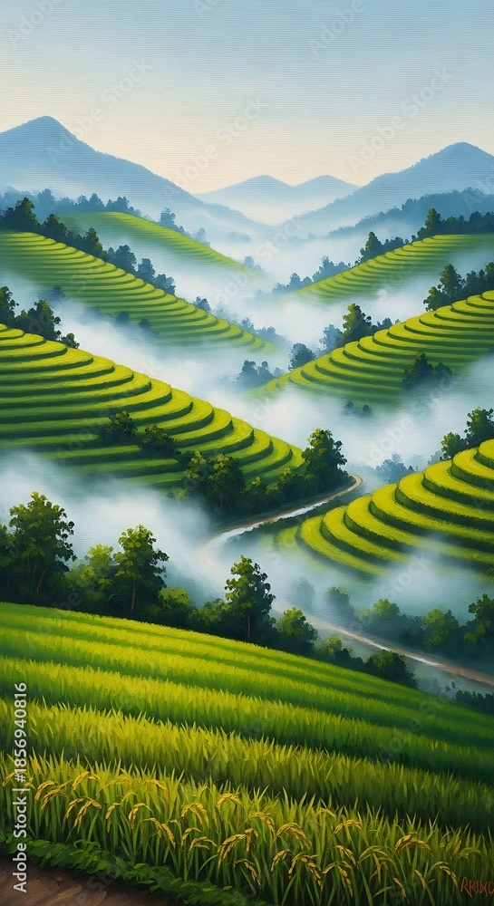 Fototapeta premium Serene landscape with green terraced fields.