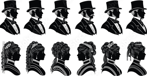 Victorian men and women silhouettes vector set, vintage aristocratic portraits icons, classic fashion profiles, black elegant historical illustration