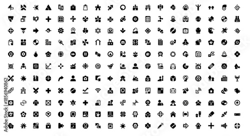 A collection of various black and white icons.