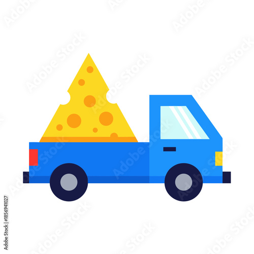 Blue truck carrying large slice of cheese  