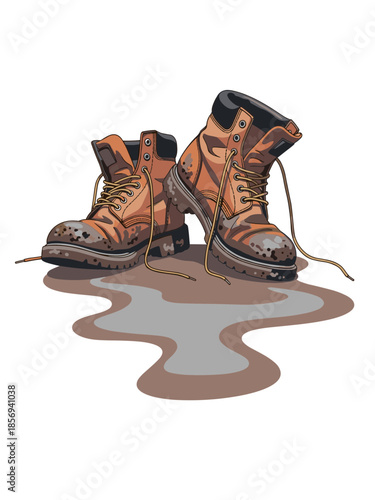 Dirty work boots on a transparent background.