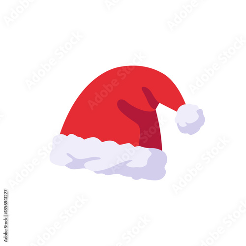 Red santa hat with white fur trim, icon, isolated flat style vector illustration