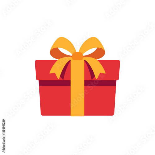 Red gift box with yellow ribbon bow, icon, isolated flat style vector illustration