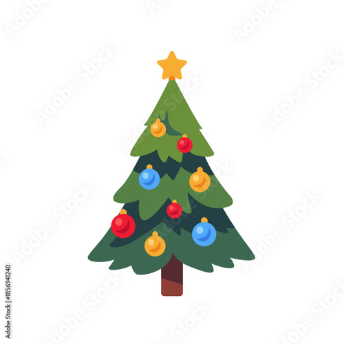 Decorated christmas tree with ornaments star and lights, icon, isolated flat style vector illustration