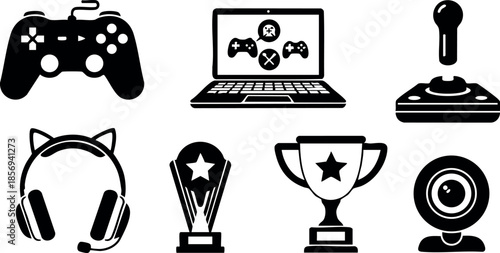 Video game controllers laptop joystick headset trophy webcam vector icons set 