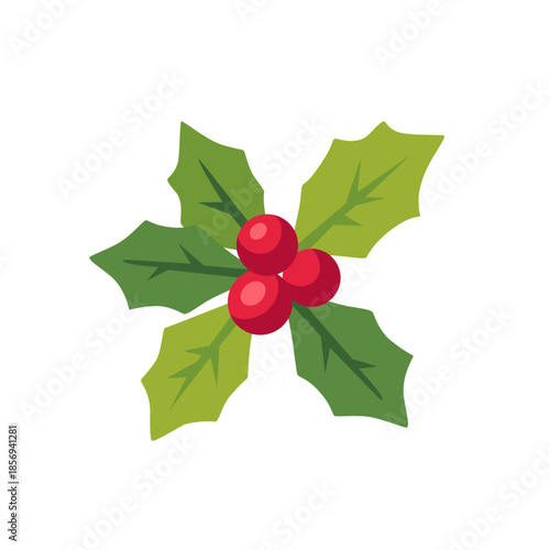 Holly sprig with green leaves red berries, icon, isolated flat style vector illustration