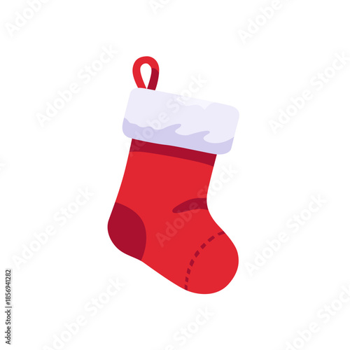 Red christmas stocking with white cuff, icon, isolated flat style vector illustration