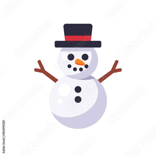Cute winter snowman with top hat, icon, isolated flat style vector illustration