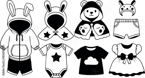 Baby Clothes Vector Set with Animal-Themed Hoodies and Outfits for Children 