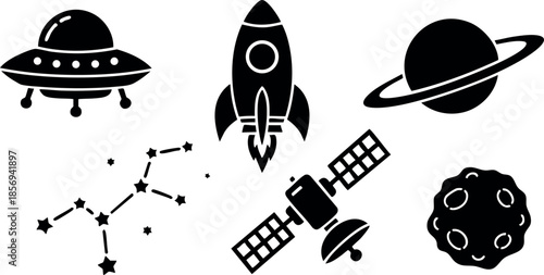 Space exploration icons with rocket satellite planet constellation UFO vector illustration 