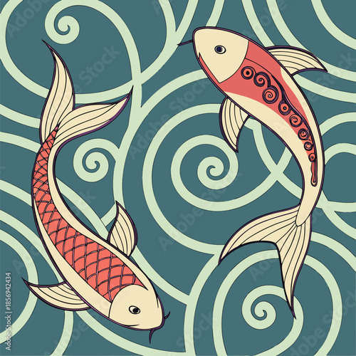 Traditional Japanese koi fish vector illustration with abstract waves and floral elements