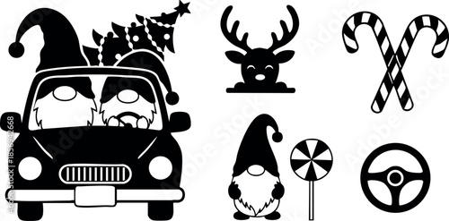 Christmas car with Santa and reindeer icons vector illustration festive holiday designs 