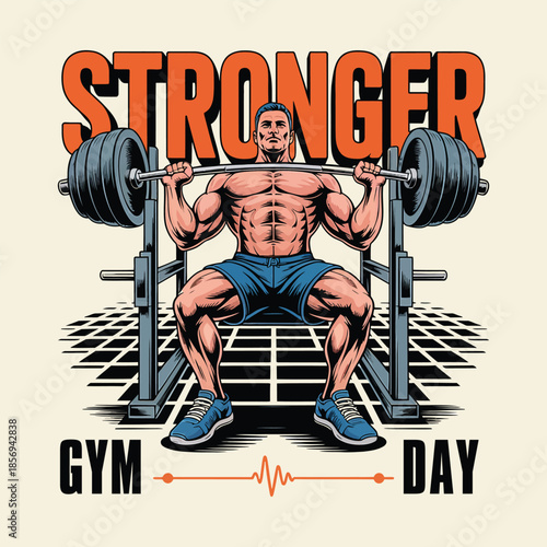 Stronger Gym Day Bodybuilder Squat Rack Retro Vintage Illustration
