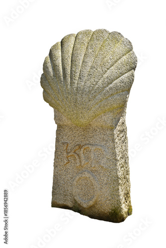 Paimpol, France - The start of the Camino Breton pilgrimage at Beauport Abbey in Brittany with shell symbol, Cotes-d'Armor, France